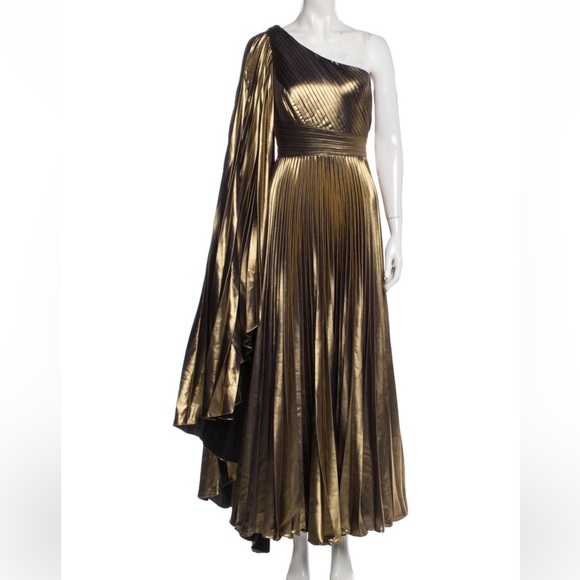 Marchesa Gold One Shoulder Pleated Metallic Evening Dress Gown - Picture 2 of 5